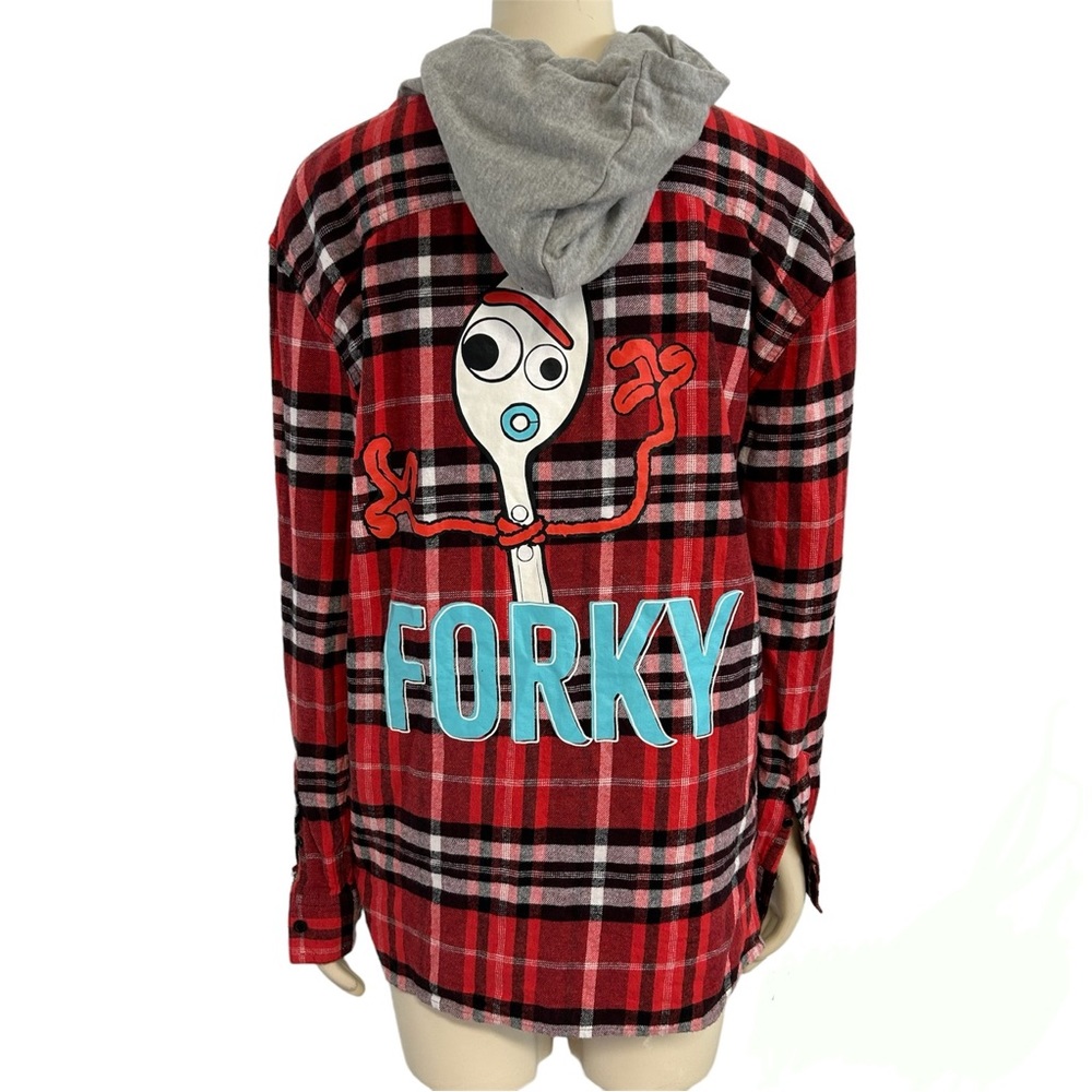 Disney Forky Red Plaid Flannel Full Zip Hoodie Jacket Shirt Mens Small Toy Story